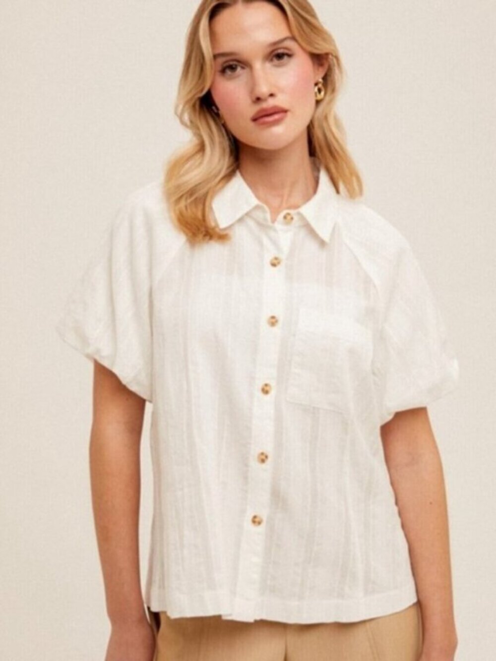 HEM & THREAD Bubble Short Sleeve Button Down Shirt White NWT - Picture 5 of 5
